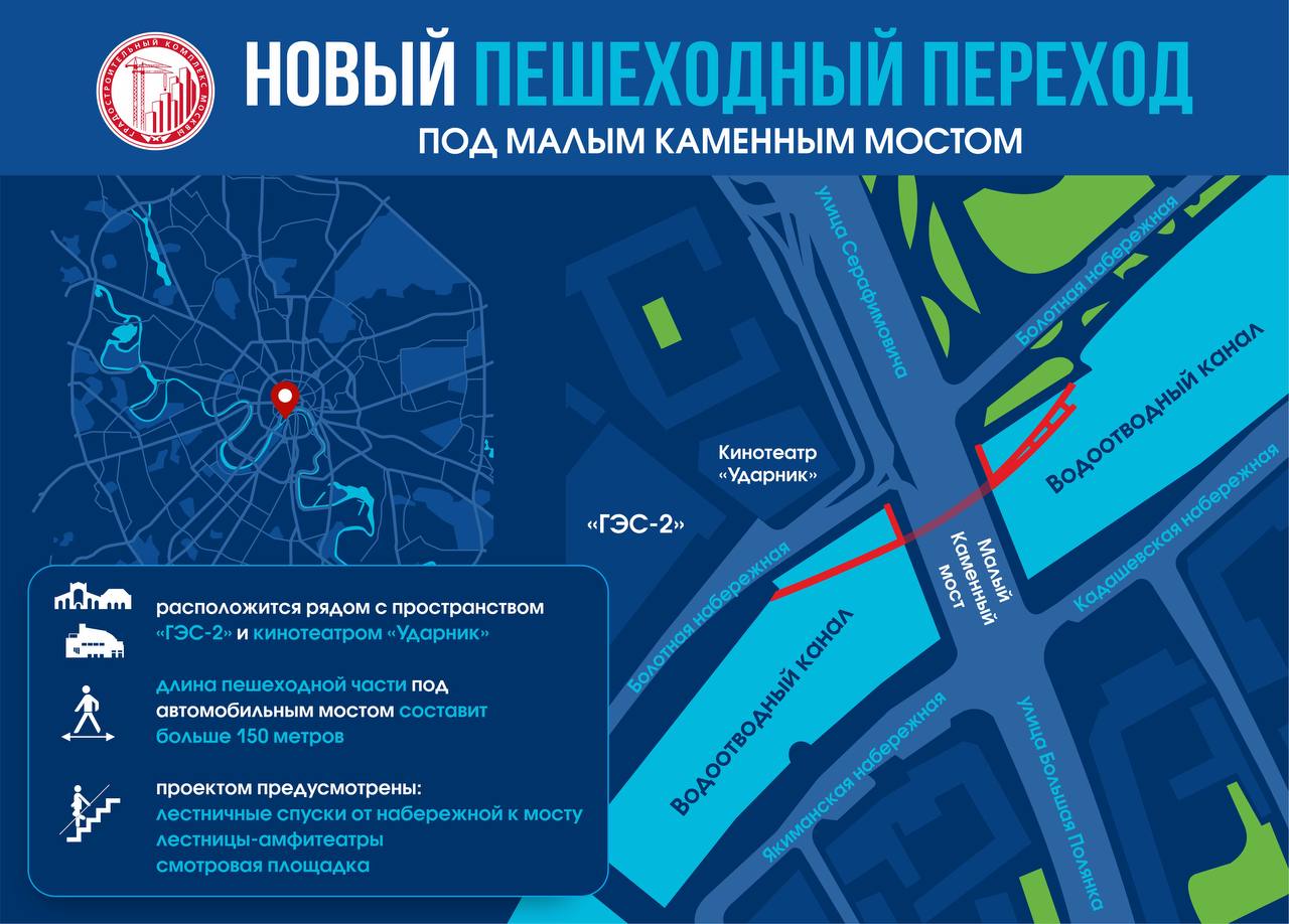 Пешеходный переход появится в Москве под Малым Каменным мостом
